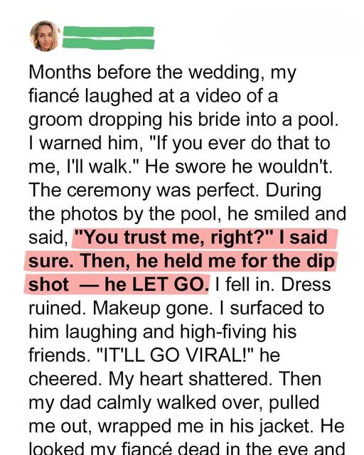 My Groom Playfully Sent Me into the Pool During Our Wedding Photoshoot, My Dads Reaction Surprised Everyone