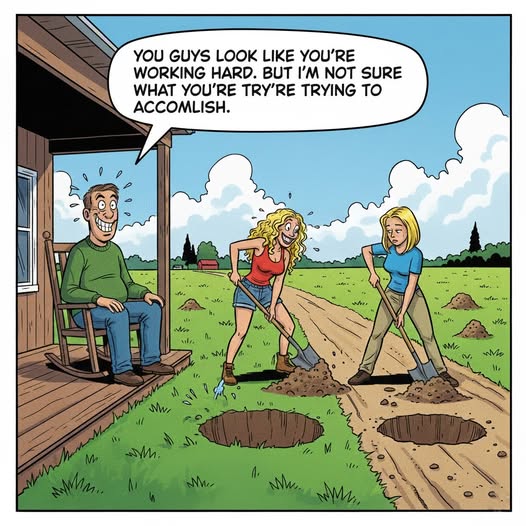 A man is sitting on his porch when he notices two blondes working down the road!