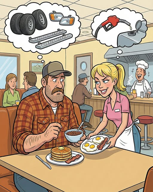 A long-haul trucker slid into a booth at a busy highway cafe!
