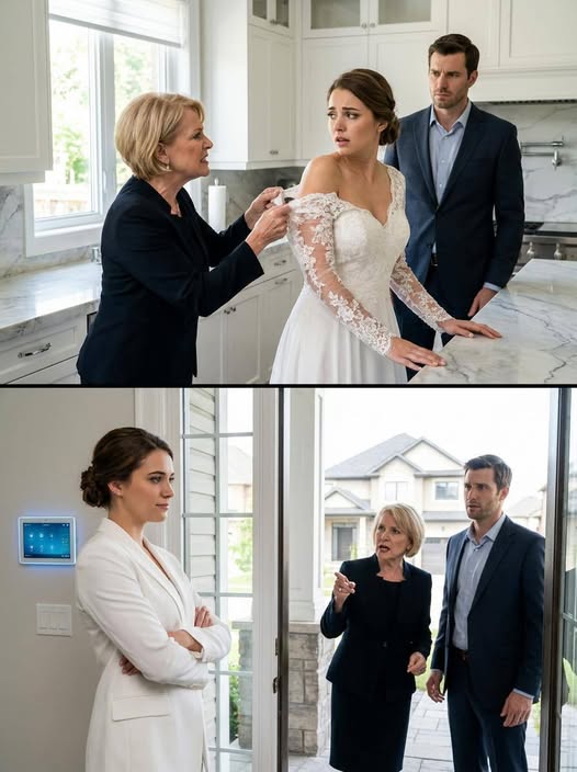 When my mother-in-law tore my white dress in the middle of my kitchen, she screamed, “My son pays for everything in this house!” My husband stood beside her and said nothing.
