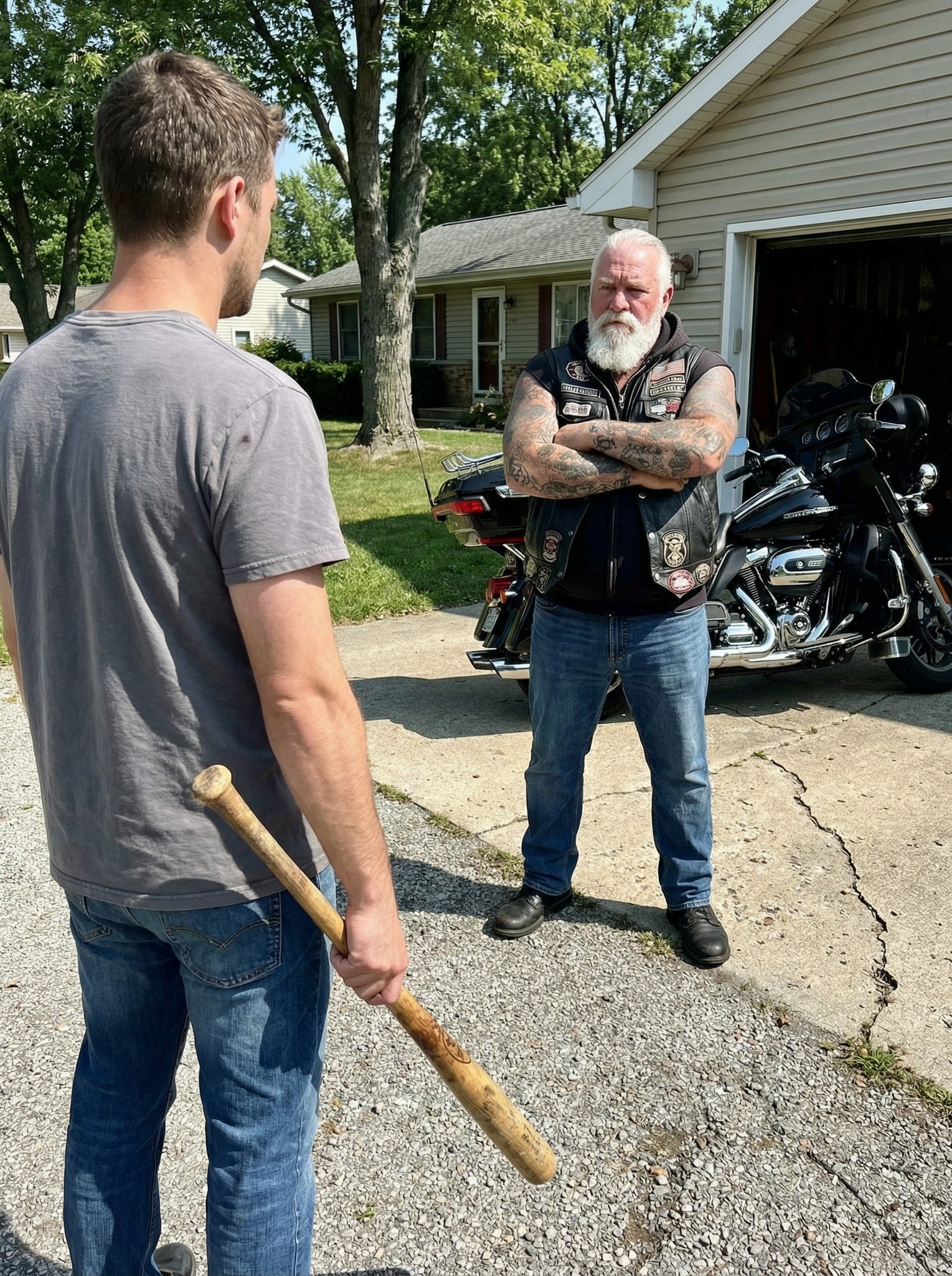 I brought a baseball bat to confront the biker who’d been harassing my daughter. I left his driveway twenty minutes later crying so hard I couldn’t drive.