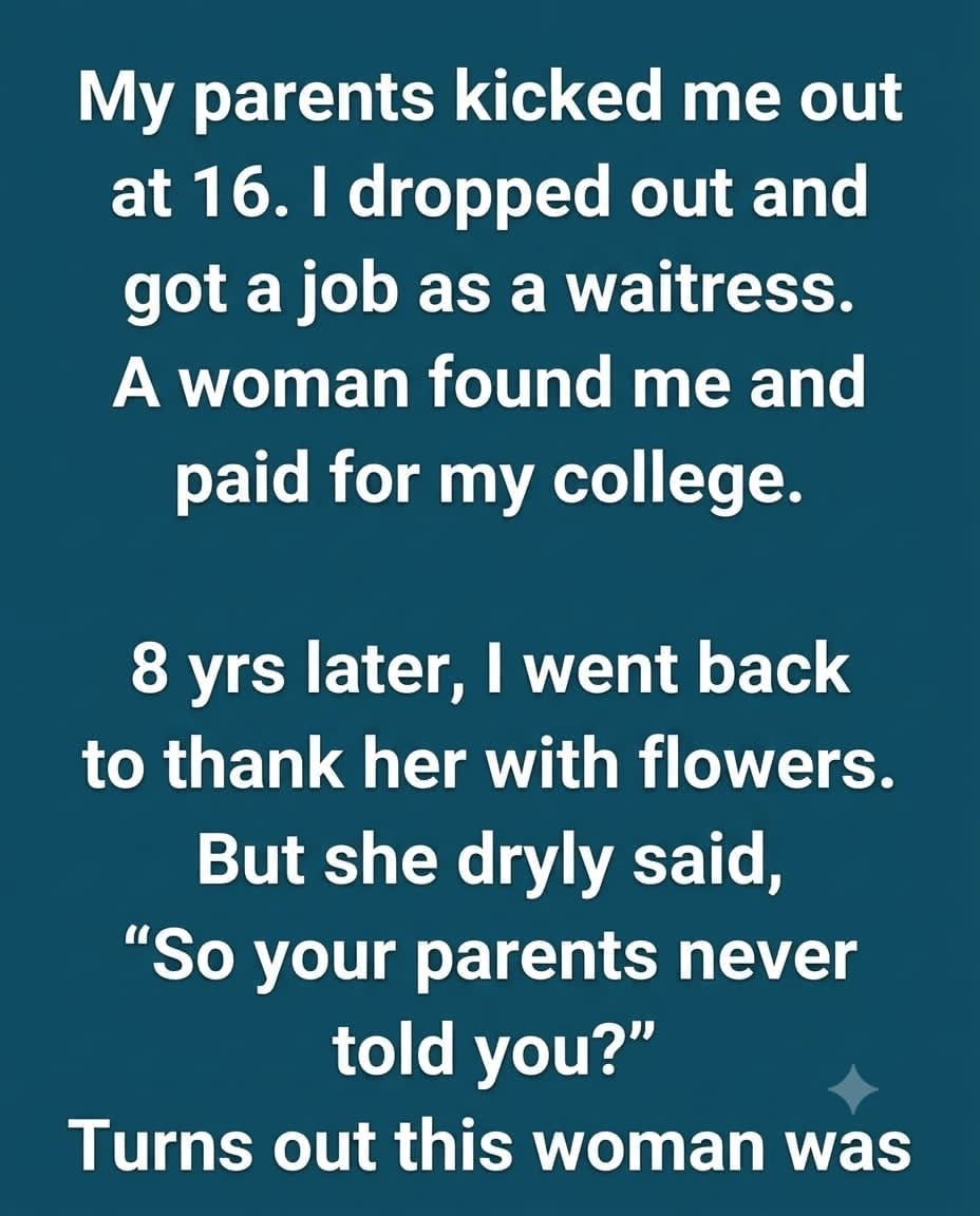The Woman Who Loved Me From a Distance..They kicked me out at sixteen and never looked back. I thought the worst had already happened. I was wrong. A woman kept sitting in my section, paying my bills, funding my future, and I thought it was just kindness. Eight years later, I showed up with flowers to say thank you. She whispered, “So your parents never tol…” Continues…