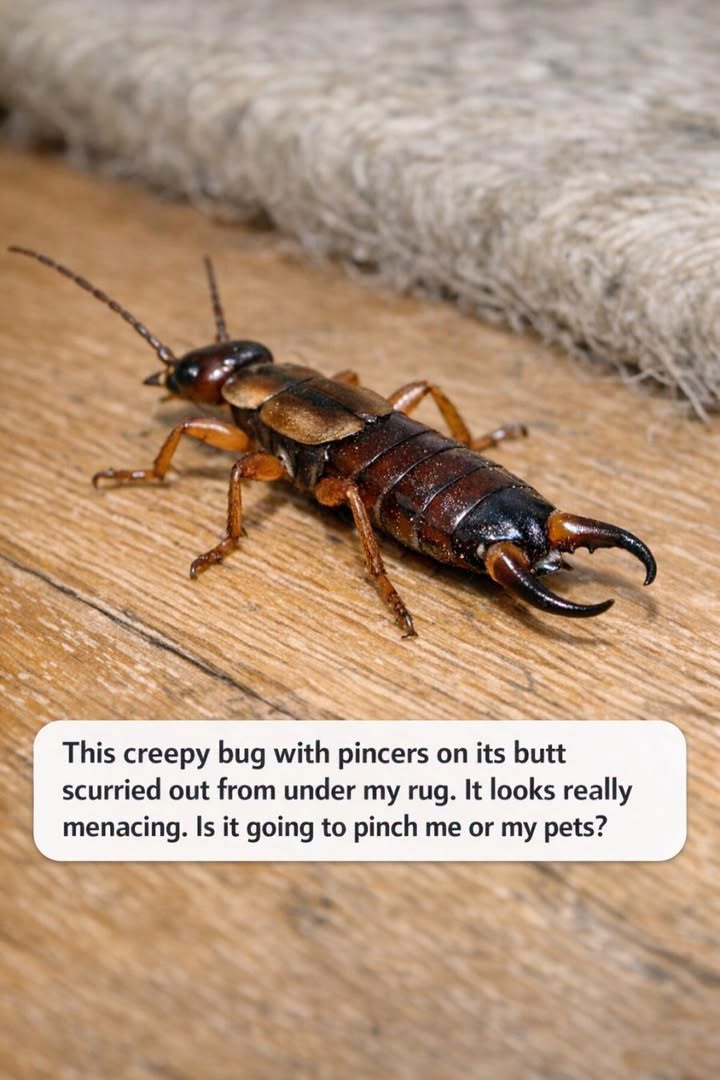 This creepy bug with pincers on its butt scurried out from under my rug. It looks really menacing. Is it going to pinch me or my pets?