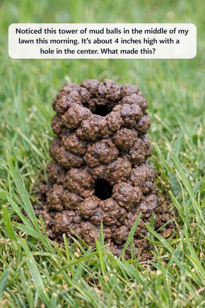 Noticed this tower of mud balls in the middle of my lawn this morning. It’s about 4 inches high with a hole in the center. What made this?