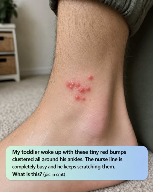 My toddler woke up with these tiny red bumps clustered all around his ankles. The nurse line is completely busy and he keeps scratching them. What is this?