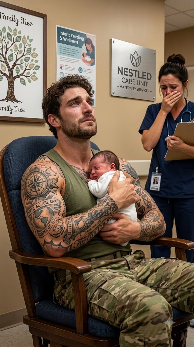 A 6-foot-4 combat veteran with severe burn scars and trembling hands walked into our NICU. He didn’t look like he belonged. Then, the abandoned, drug-addicted premature baby in bed 7 started crying. Her mother had disappeared, leaving her to battle for survival without anyone beside her. The towering veteran stepped closer to the incubator. “Is that the little one who needs someone to sit with her?” he asked. I hesitated. But the moment he cradled her, and I noticed the name engraved on his military dog tag, the entire hospital room went dead silent…