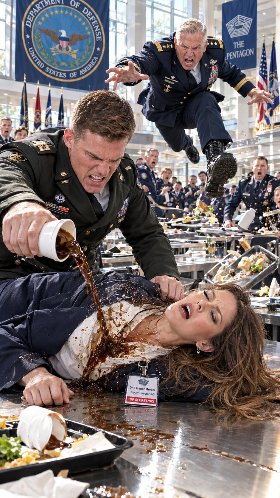 A Marine major deliberately crashed into me in the Pentagon cafeteria, sending scalding coffee across my blazer before sneering, “Command staff eat here, not interns.” Nearby officers laughed while he stood there enjoying the humiliation. I let him continue—until the Chairman of the Joint Chiefs rose from his table, fixed his eyes on me, and called me by name.